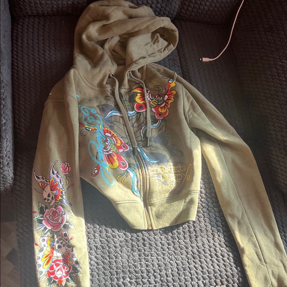 Ed Hardy Olive Hoodie with Vibrant Graphics